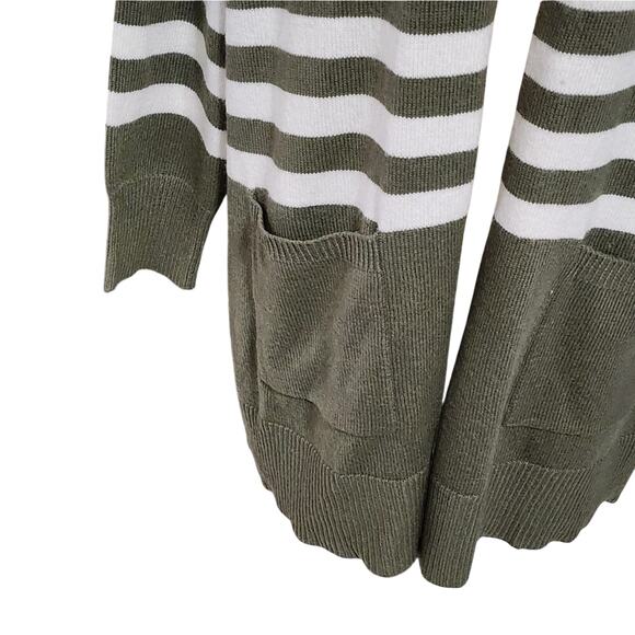 Michael Kors Striped Open Front Longline Cardigan Sweater XL White Olive Green - Picture 3 of 7